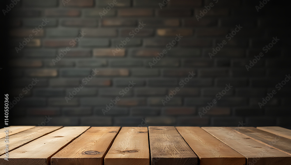 Aufkleber A wood table top is in sharp focus against a blurred dark brick wall background._00003_