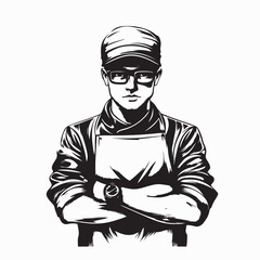 Confident chef wearing glasses and a black hat posing with arms crossed image vector on white background.

