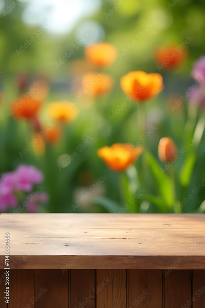 Aufkleber a wood table counter serves as a focal point in a blurred garden background with vibrant flowers._00