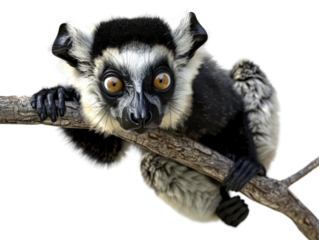 Curious lemur perched on branch, watching its surroundings with keen eyes on Transparent Background