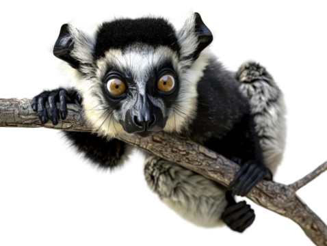 Curious lemur perched on branch, watching its surroundings with keen eyes on Transparent Background