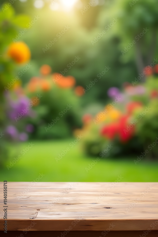 Aufkleber a wood table counter serves as a focal point in a blurred garden background with vibrant flowers._00