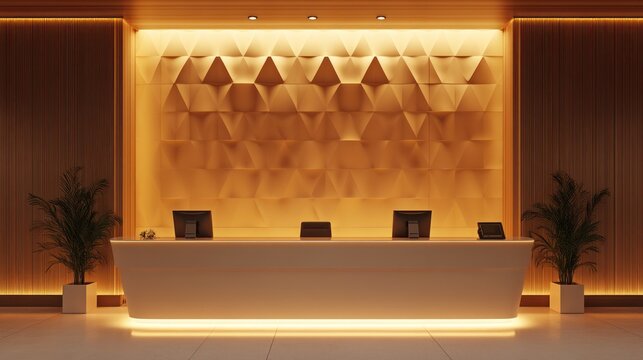 Modern reception area with a textured wall and ambient lighting.
