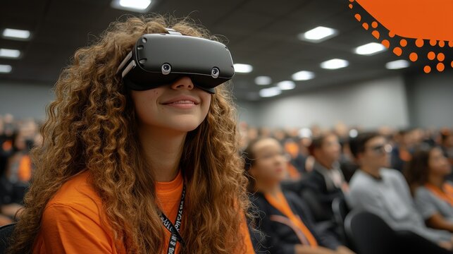 Young woman engages in virtual reality experience in classroom setting during school day