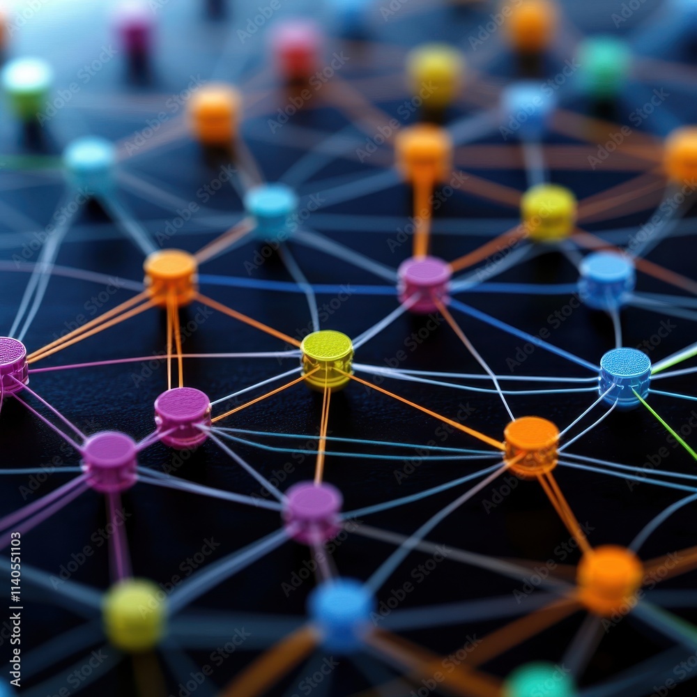 Poster colorful interconnected nodes and strings representing a network concept on a dark background.