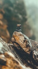 Obraz premium Rocky landscape with a tiny structure on top surrounded by fog