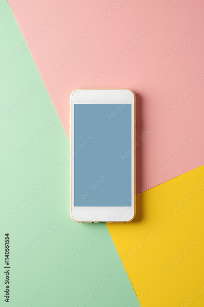 Poster a white smartphone is placed on a colorful background in a flat, minimalist composition with a clean