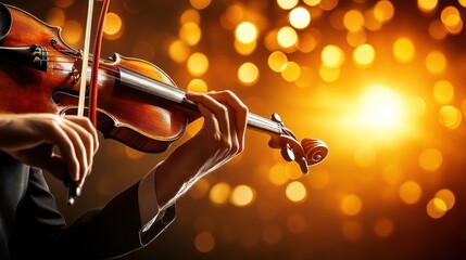 A close-up of a violinist's hands playing, with a warm, glowing background.