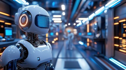 Fototapeta premium A futuristic robot in a high-tech environment, showcasing advanced technology and design.