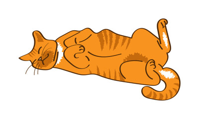 Red cat sleeps, lying belly up. Sketch, outline. Vector illustration