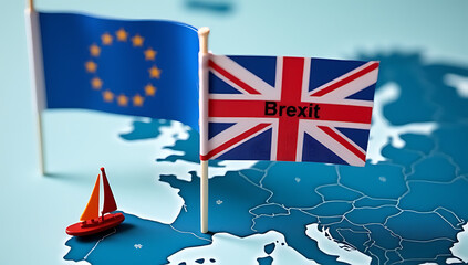 A UK flag with a Brexit message is placed near an EU flag on a map of Europe with a boat in the sea._00003_