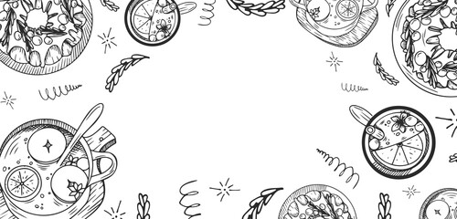 Christmas background with space for text. Horizontal background with Christmas cake and classic drink mulled wine. Background design with space for text or logo in sketch style.