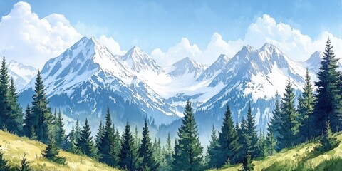 Fototapeta premium Stunning landscape showcasing majestic snow-capped mountains, lush green forests, and a clear blue sky.