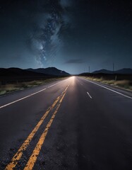 Naklejka premium Dark stretch of asphalt highway under starry sky at night, highway, landscape, night