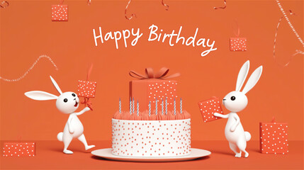 Cute and playful birthday card illustration featuring white rabbits and a cake on a vibrant orange background with festive elements.
