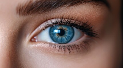 Obraz premium Close-up of Captivating Blue Eye with Long Lashes, Natural Look, and Soft Skin Tone Under Natural Light