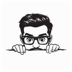 Young Nerdy Boy Playfully Peeking from Behind a Desk Vector Illustration for Humorous and Creative Art Design