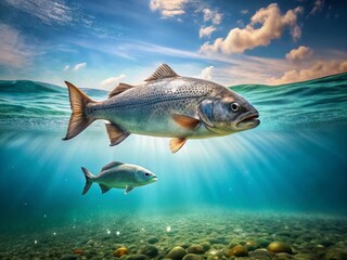 Fototapeta premium Minimalist Big Fish Little Fish Underwater Scene: Swimming, Ocean, Aquatic Life, Nature Photography