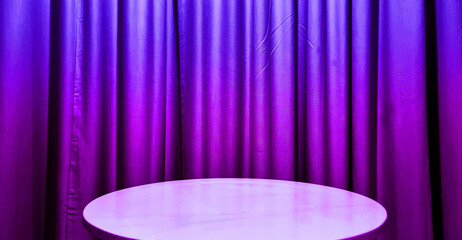 real empty round marble table with gradient neon purple curtain background used for premium,...
