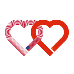 heart shaped ribbon of american and chinese flags intertwined. transparent png background