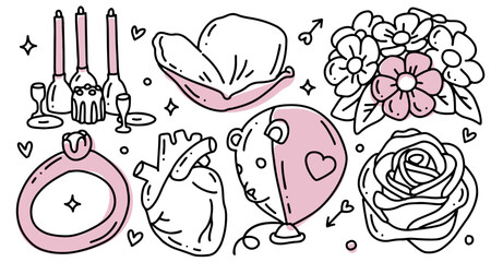 Cute Valentine s Day coloring page in doodle style. Cute design elements in hand drawn linear style - human heart, rose petal, flowers, romantic dinner, Dimond ring, teddy balloon. Vector.