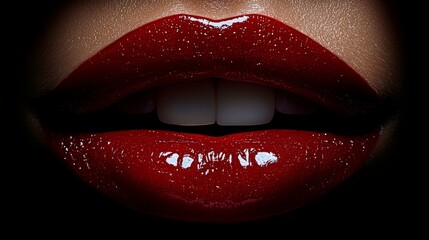 Obraz premium Close-up of glossy red lips in dramatic lighting
