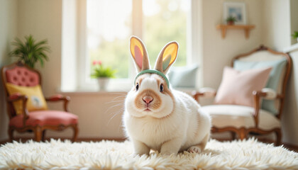 White rabbit with bunny ears in a cozy room interior
