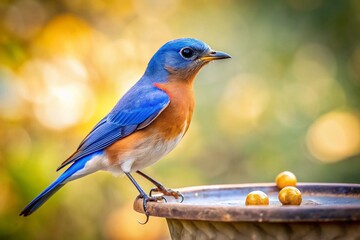 Obraz premium Minimalist Bluebird Feeding Photography: Bird Feeder, Bluebird, Nature, Wildlife, Spring, Summer, Backyard Birds, Simple Background, Clean Aesthetics