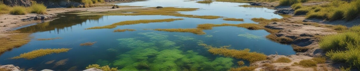 Naklejka premium Dense cyanobacteria mat on the riverbed of Dnipro, landscape, thick, soil
