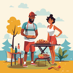 Couple Enjoying Picnic and BBQ Outdoors - Leisure Time Together in Nature