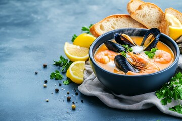 Steaming bouillabaisse with shrimp and mussels for a perfect Valentine\'s Day dinner. Generative AI