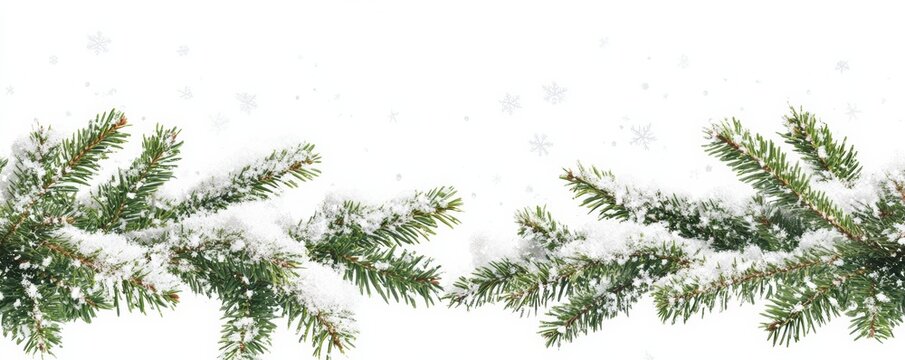 Christmas border of snowy fir branches on white background