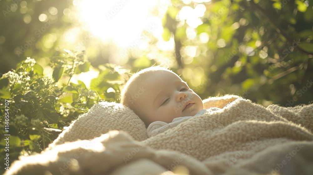 Poster infant in a crib outdoors, wrapped in a soft blanket with sunlight filtering through trees.