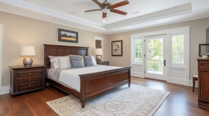 A cozy, well-decorated bedroom featuring a wooden bed and natural light.