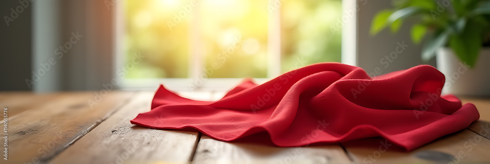 Poster a red cloth lies on a wooden table with a blurred window in the morning light, ideal for product dis