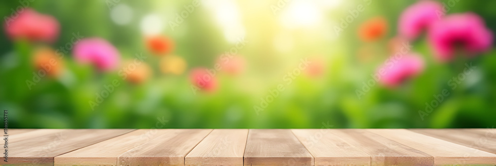 Poster A real wood table with a blurred flower garden background can be used for product displays and design visuals effectively._00003_