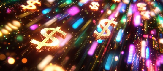 Obraz premium Golden Dollar Signs Raining Down in a Colorful, Sparkling Digital Universe