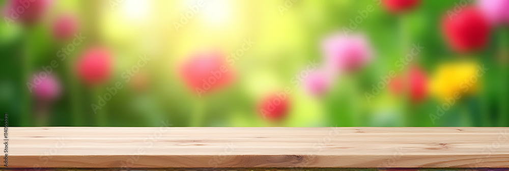 Poster A real wood table with a blurred flower garden background can be used for product displays and design visuals effectively._00001_