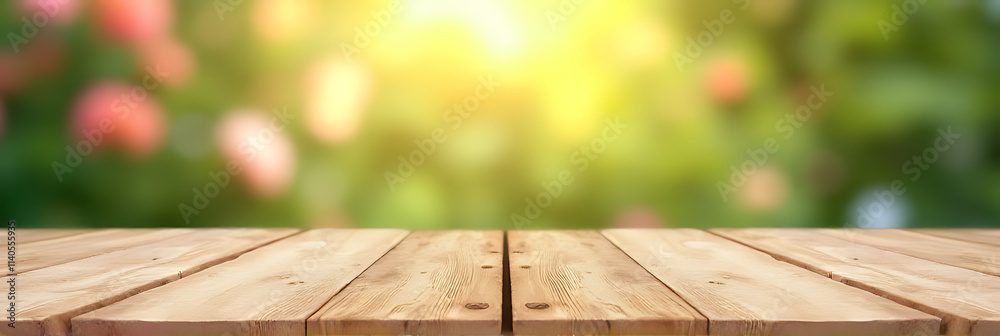 Poster A real wood table with a blurred flower garden background can be used for product displays and design visuals effectively._00002_