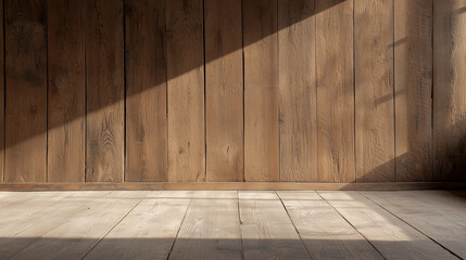 Naklejka premium Sunlit Wooden Wall: A warm, inviting space with a rustic wooden wall bathed in soft sunlight, casting intricate shadows. The natural wood grain and light play create a serene and welcoming atmosphere.