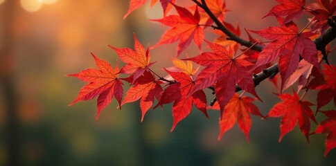 Red maple leaves cling to gnarled branch ends, autumn, tree