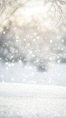 Soft snow fall with bokeh lights on white vertical background for winter scenery