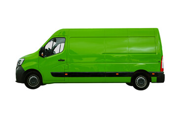 Side view of a new green transport van isolated on a transparent background.