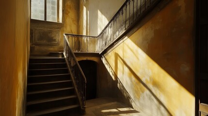 Obraz premium A sunlit staircase in a vintage building, showcasing worn textures and shadows.