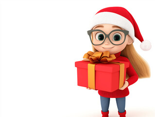 3D cartoon-style character of a young girl in a Santa hat holding a red gift box with a festive smile. A fun holiday-themed concept for Christmas.