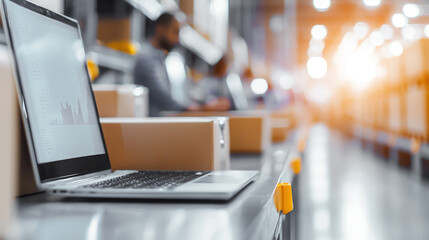 Efficient workspace with laptop in busy warehouse environment