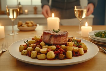 Candlelit dinner featuring duck confit surrounded by roasted vegetables for Valentine\'s Day celebration. Generative AI