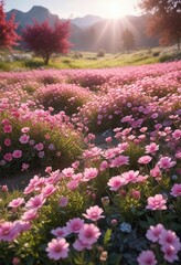 Fototapeta premium Field of pink flowers in full bloom with sunlight filtering through , spring, petals, garden