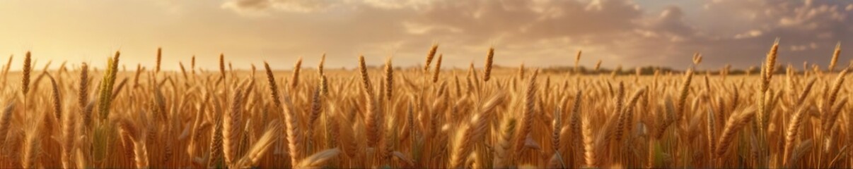 Fototapeta premium Field of wheat in golden light with rows of tall stalks , farm landscape, countryside