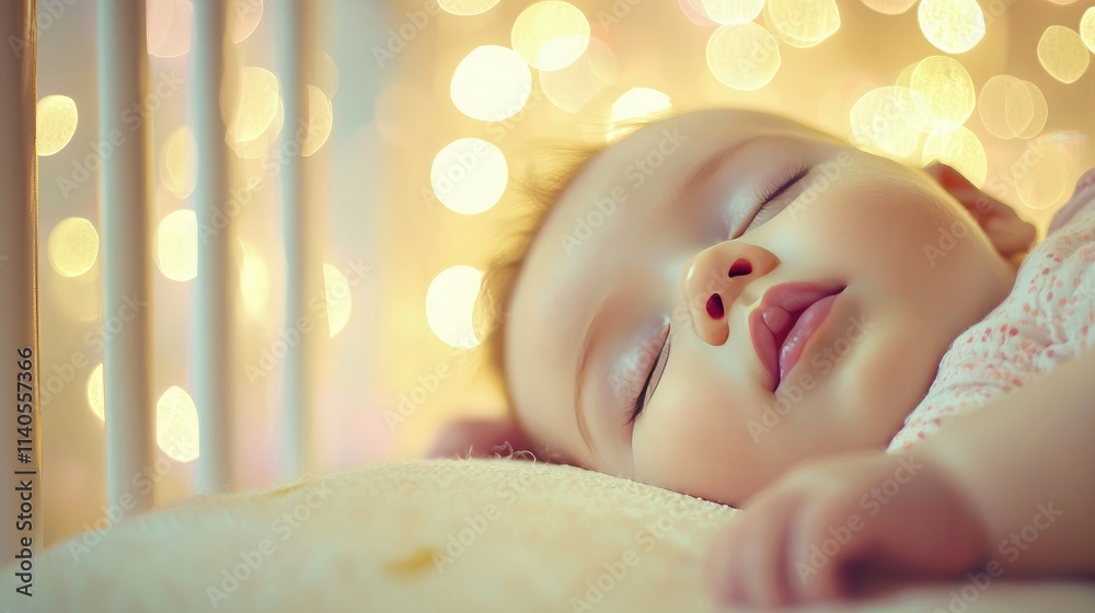Poster icon-style image of a sleeping baby in a crib, with soft lines and pastel colors.